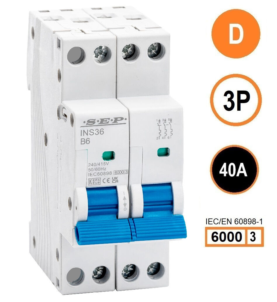 SEP INS36-3D40, installatieautomaat 3p D40 6kA, 36mm, 2 modulen