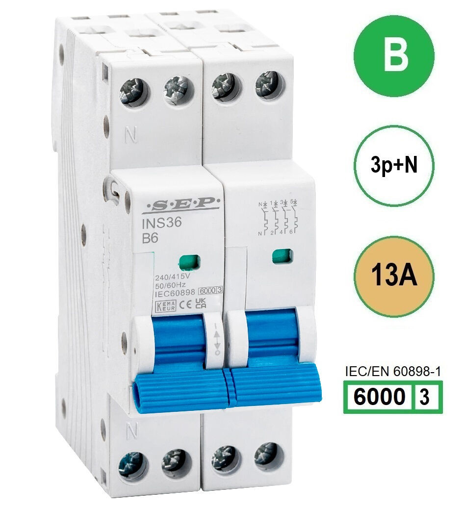 SEP INS36-3NB13, installatieautomaat 3p+n B13 6kA, 36mm, 2 modulen