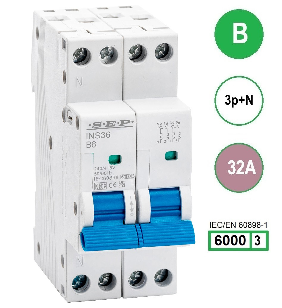 SEP INS36-3NB32, installatieautomaat 3p+n B32 6kA, 36mm, 2 modulen