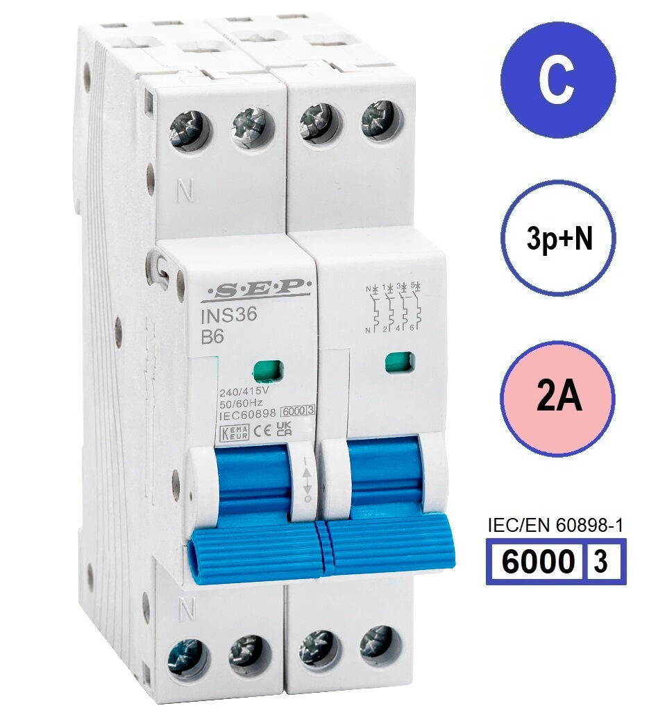 SEP INS36-3NC02, installatieautomaat 3p+n C2 6kA, 36mm, 2 modulen