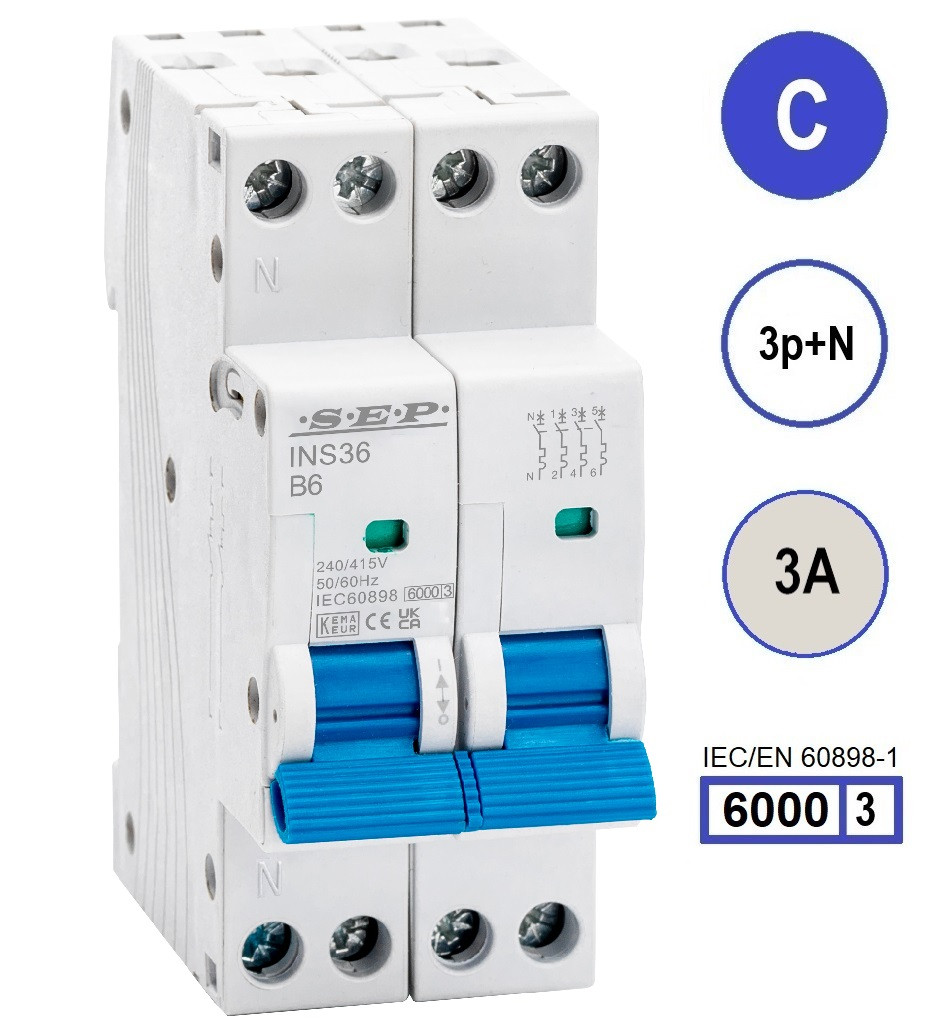 SEP INS36-3NC03, installatieautomaat 3p+n C3 6kA, 36mm, 2 modulen