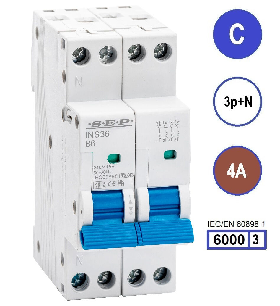 SEP INS36-3NC04, installatieautomaat 3p+n C4 6kA, 36mm, 2 modulen