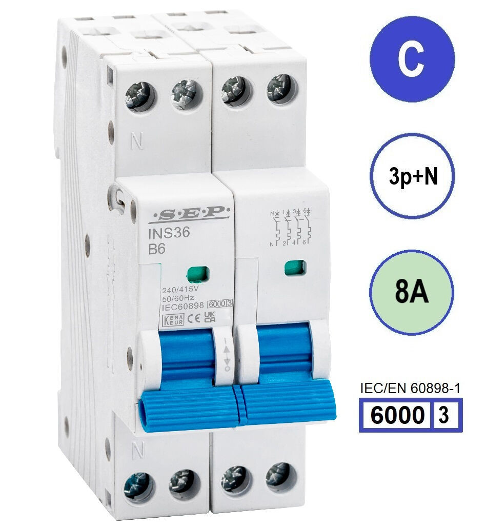 SEP INS36-3NC08, installatieautomaat 3p+n C8 6kA, 36mm, 2 modulen