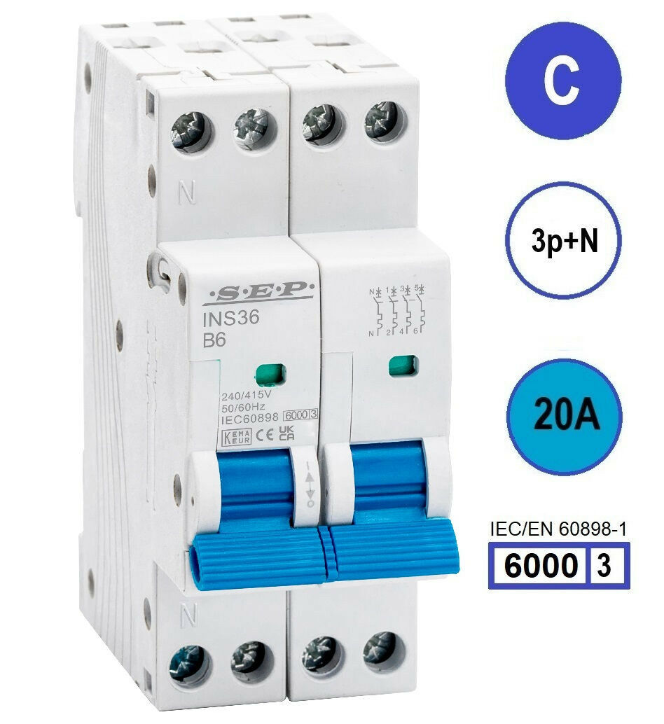 SEP INS36-3NC20, installatieautomaat 3p+n C20 6kA, 36mm, 2 modulen