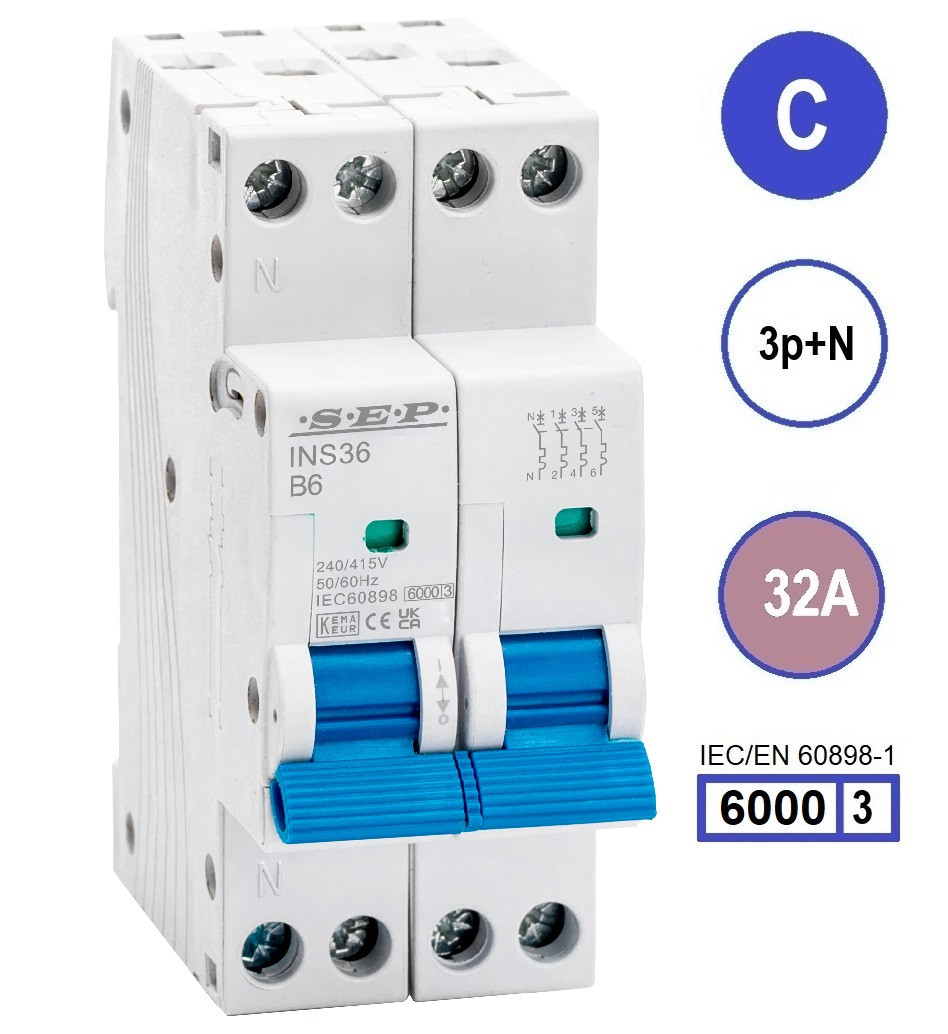 SEP INS36-3NC32, installatieautomaat 3p+n C32 6kA, 36mm, 2 modulen