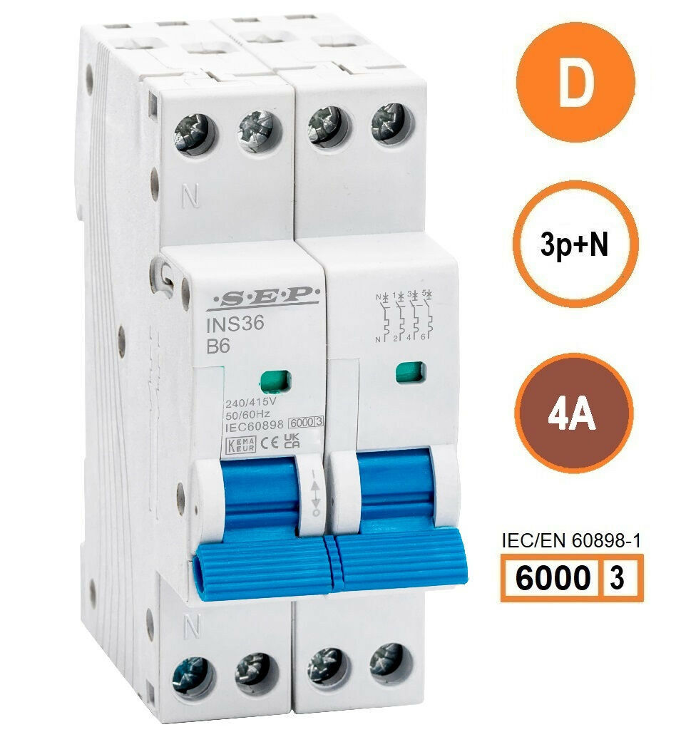 SEP INS36-3ND04, installatieautomaat 3p+n D4 6kA, 36mm, 2 modulen