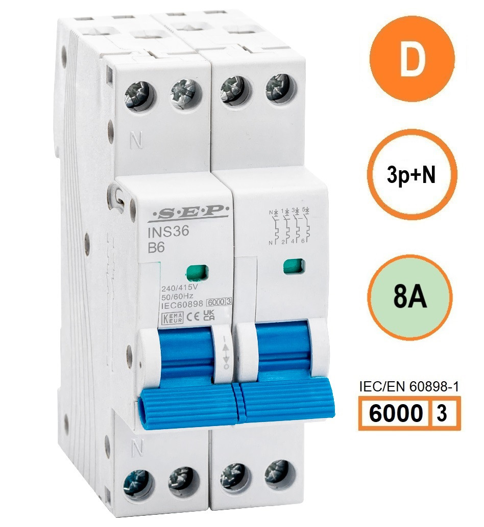SEP INS36-3ND08, installatieautomaat 3p+n D08 6kA, 36mm, 2 modulen