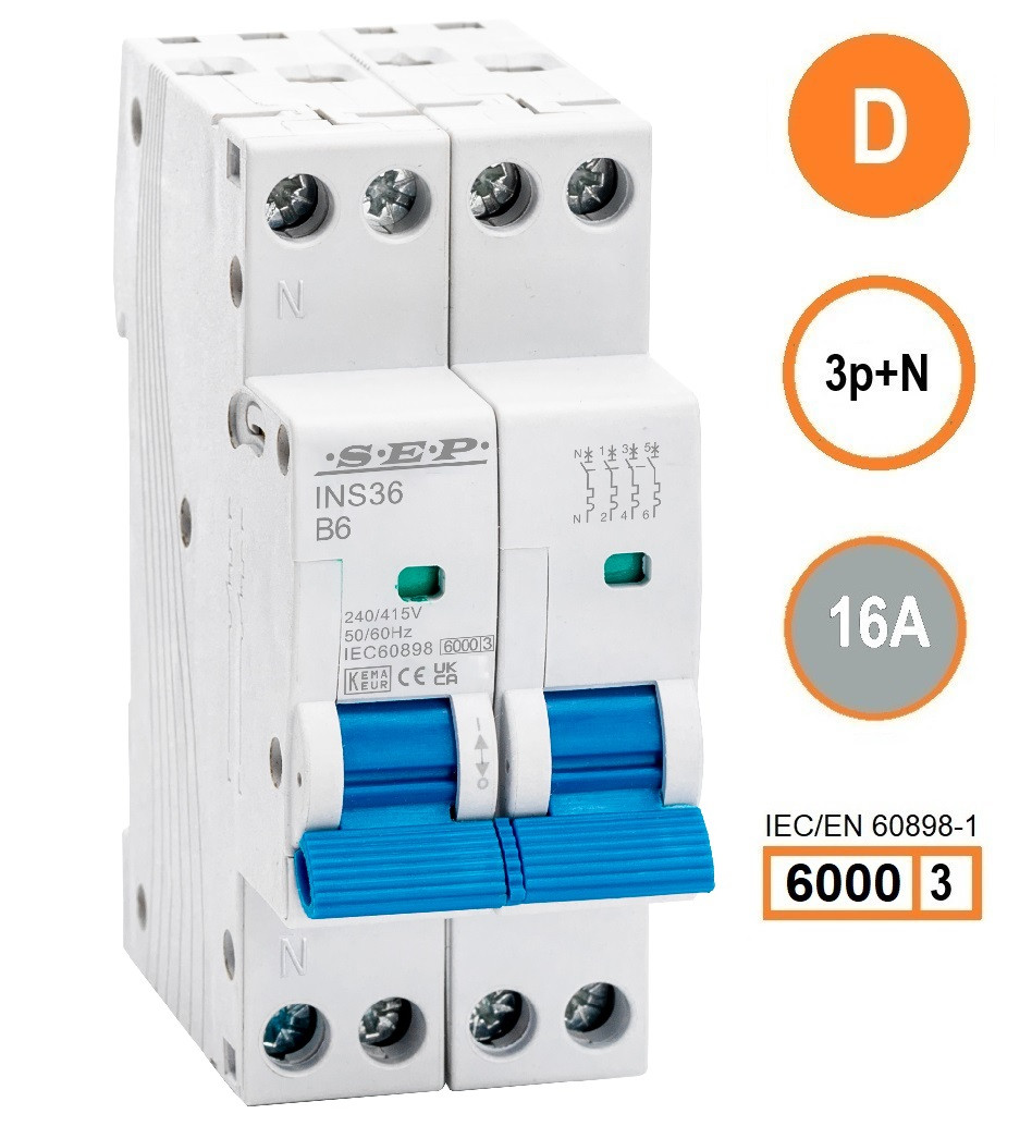 SEP INS36-3ND16, installatieautomaat 3p+n D16 6kA, 36mm, 2 modulen