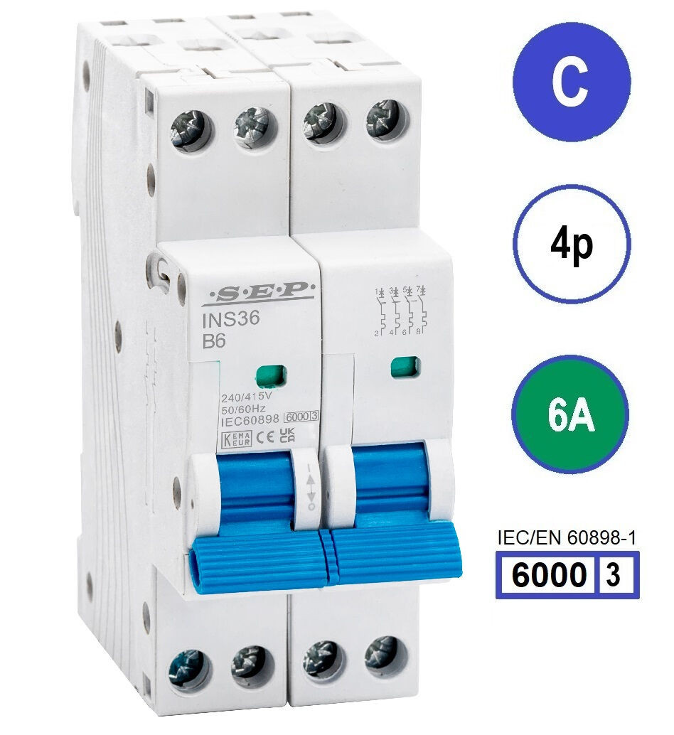 SEP INS36-4C06, installatieautomaat 4p C6 6kA, 36mm, 2 modulen