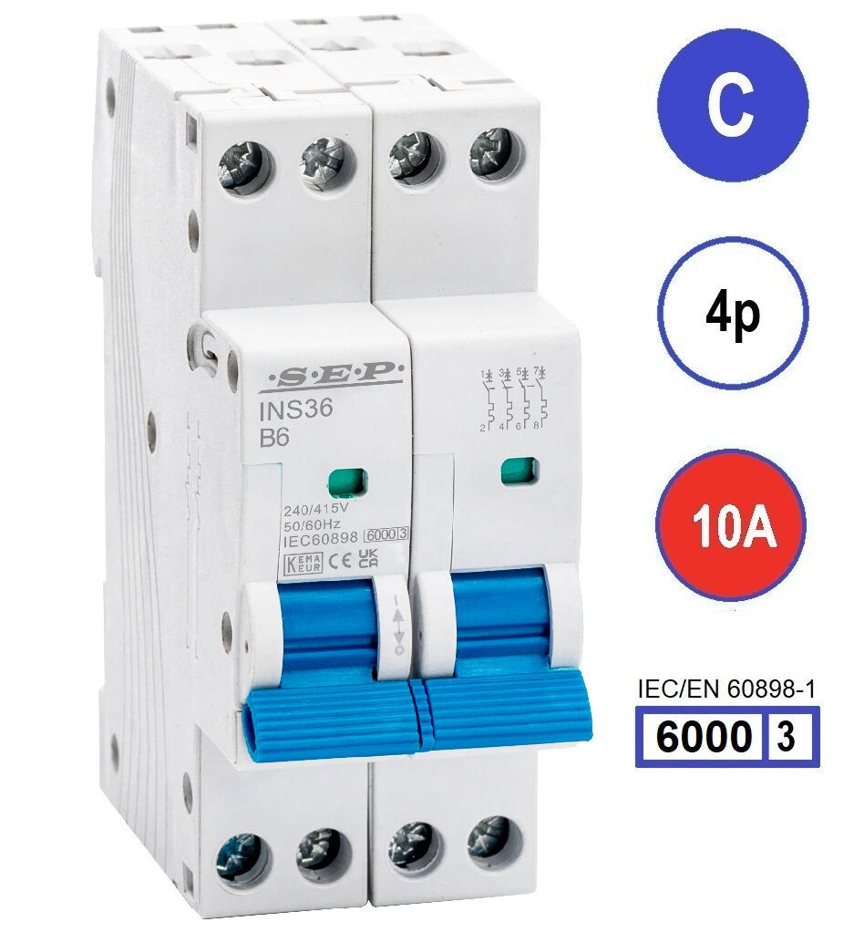SEP INS36-4C10, installatieautomaat 4p C10 6kA, 36mm, 2 modulen