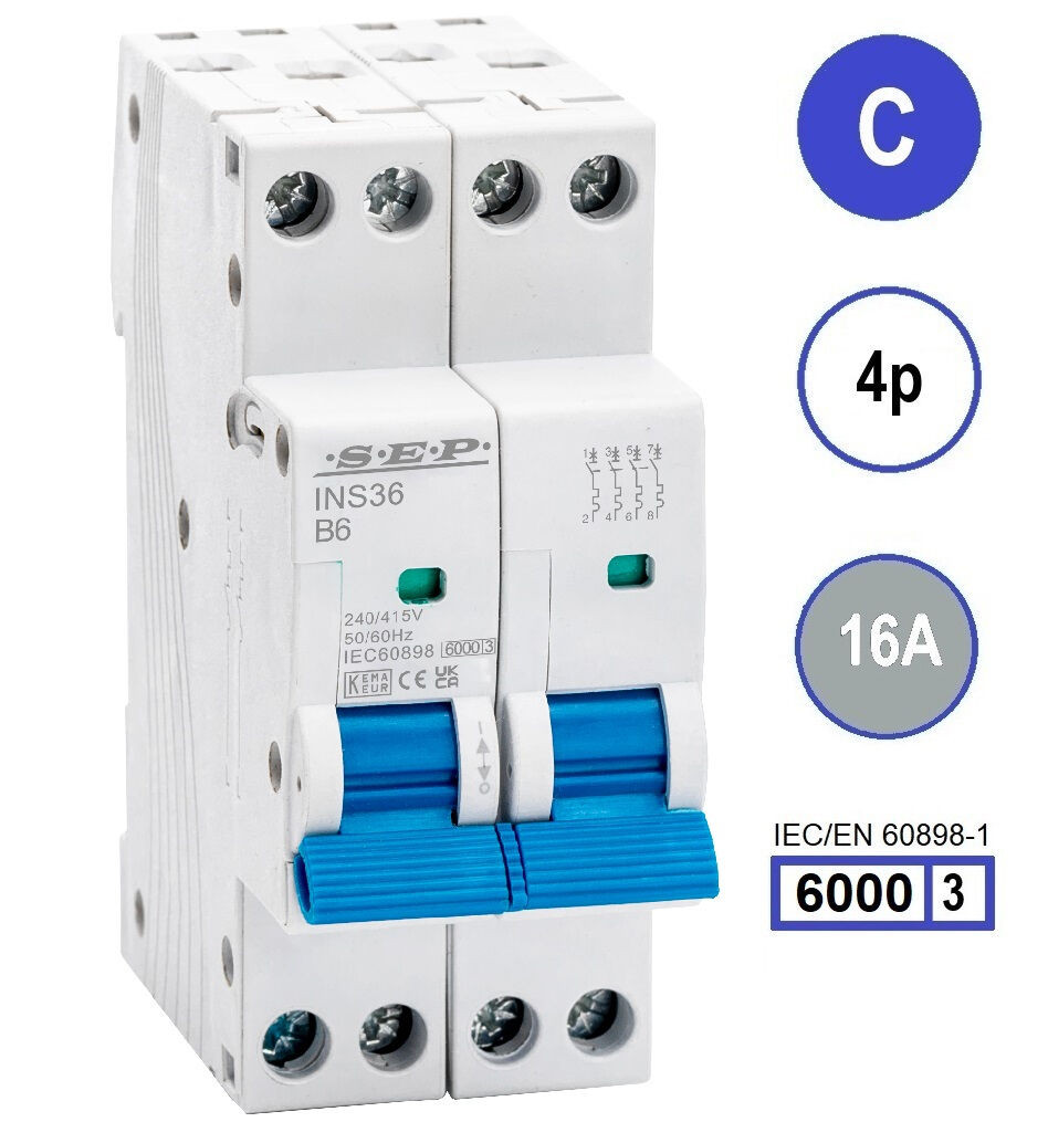 SEP INS36-4C16, installatieautomaat 4p C16 6kA, 36mm, 2 modulen