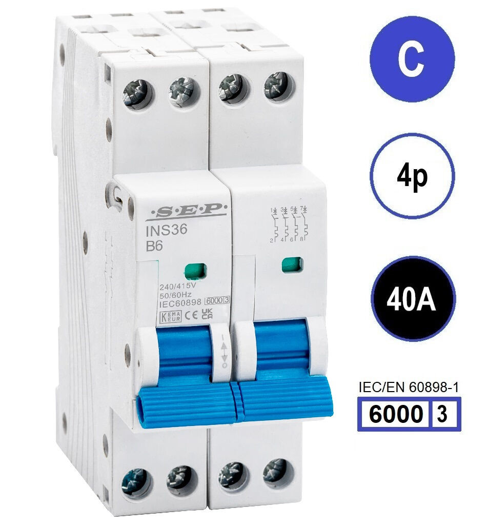SEP INS36-4C40, installatieautomaat 4p C40 6kA, 36mm, 2 modulen