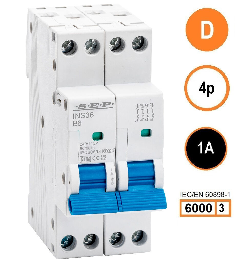SEP INS36-4D01, installatieautomaat 4p D1 6kA, 36mm, 2 modulen