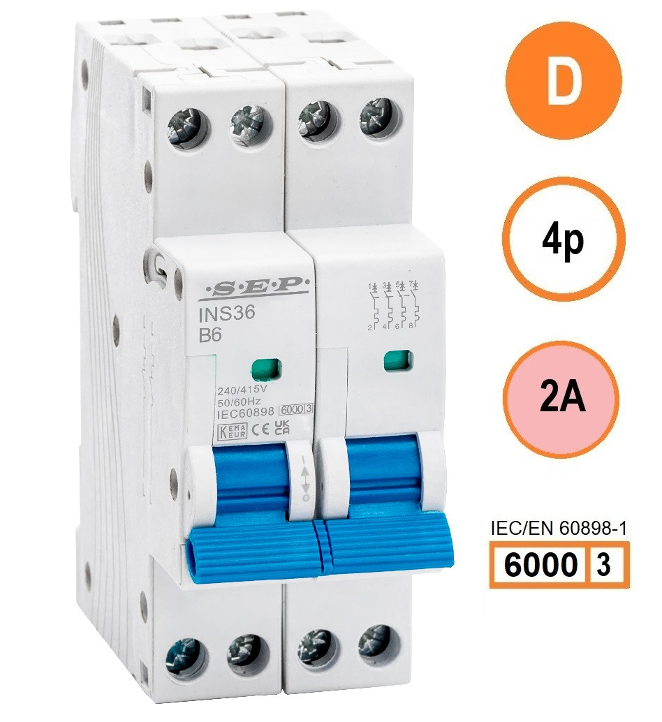 SEP INS36-4D02, installatieautomaat 4p D2 6kA, 36mm, 2 modulen