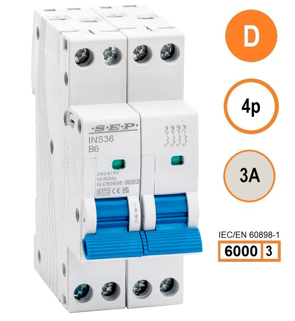 SEP INS36-4D03, installatieautomaat 4p D3 6kA, 36mm, 2 modulen