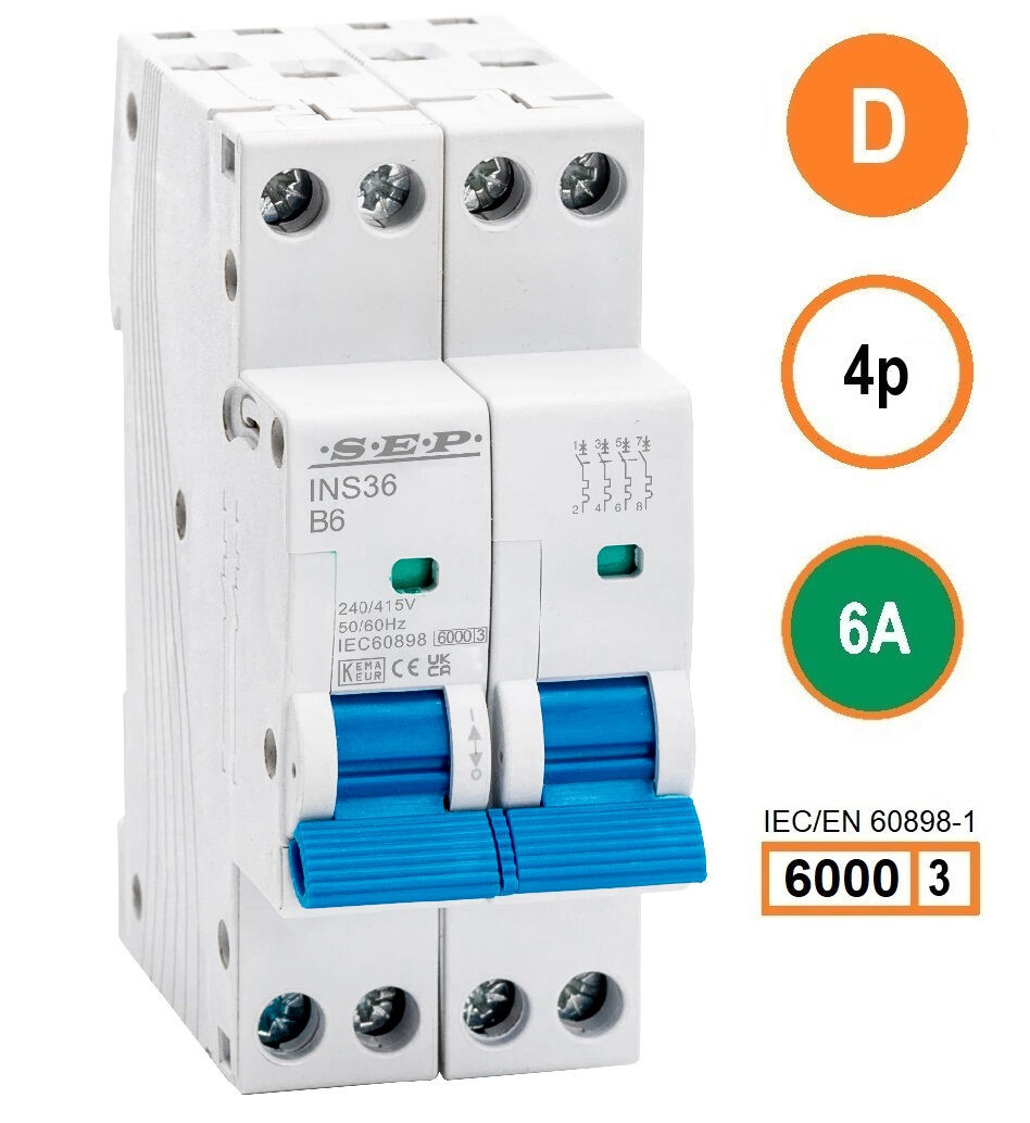 SEP INS36-4D06, installatieautomaat 4p D6 6kA, 36mm, 2 modulen