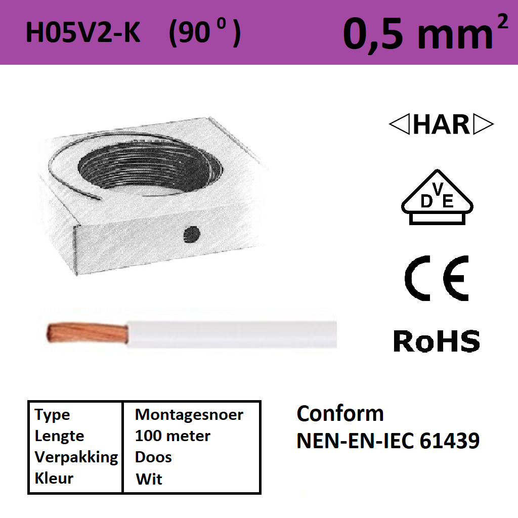 Schotman Elektro - SEP montagesnoer H05V2-k wit 0,5mm2 