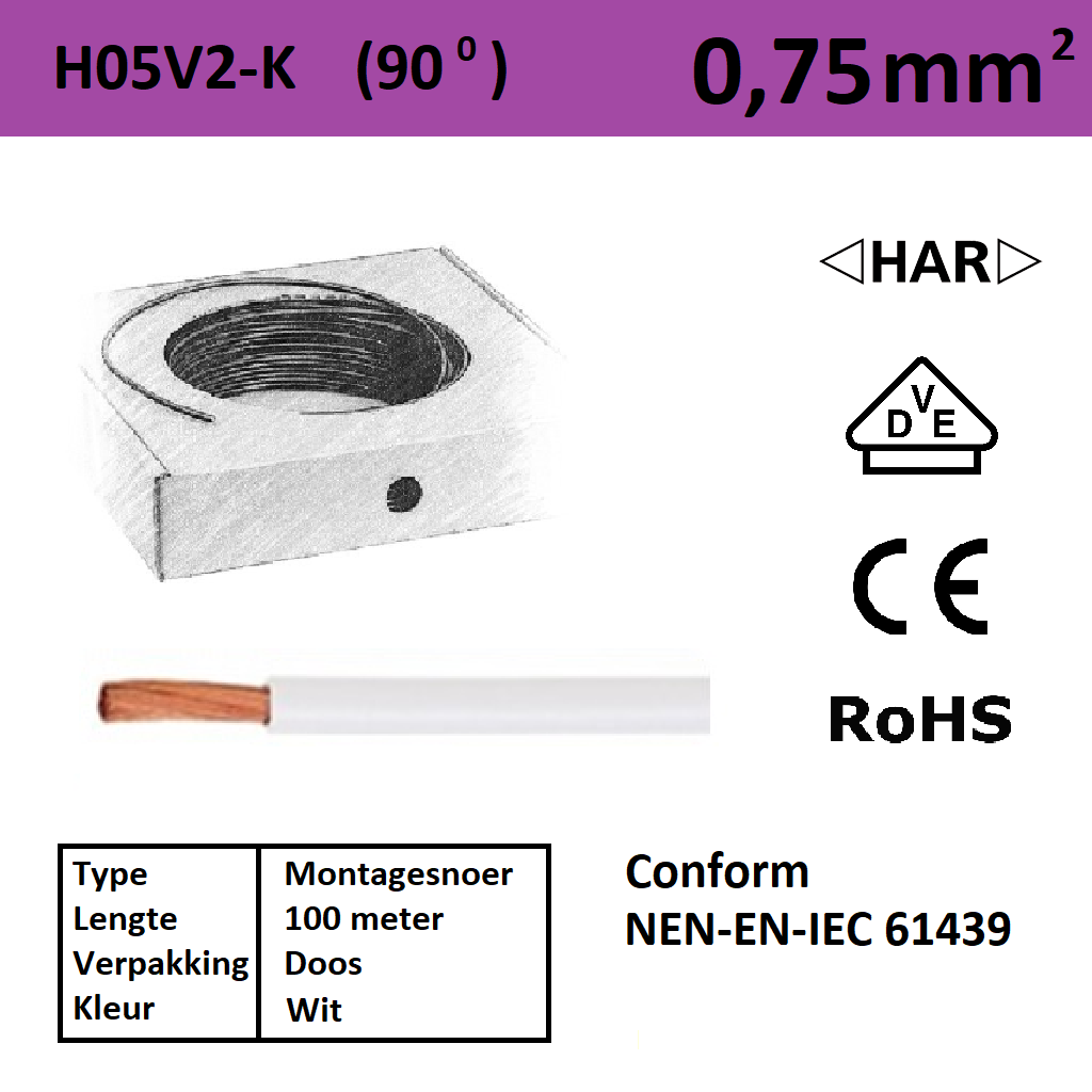 Schotman Elektro - SEP montagesnoer H05V2-k wit 0,75mm