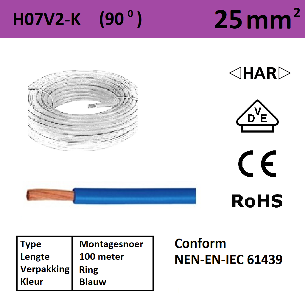 Schotman Elektro - SEP Montagesnoer 90 graden H07V2-k blauw 25mm2