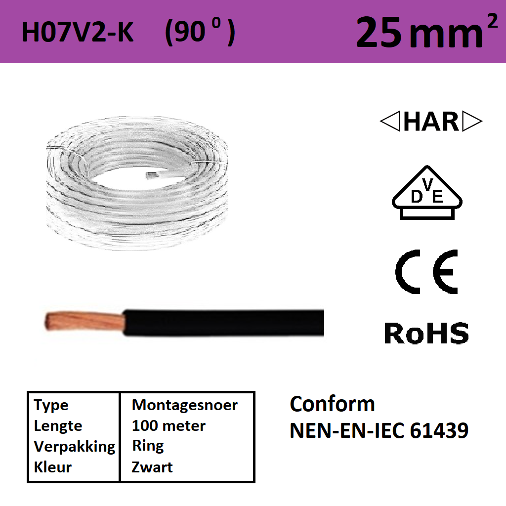 Schotman Elektro - SEP Montagesnoer 90 graden H07V2-k zwart 25mm2