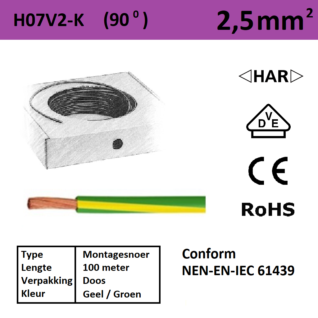 Schotman Elektro - SEP montagesnoer 90 graden H07V2-k geel groen 2,5mm2