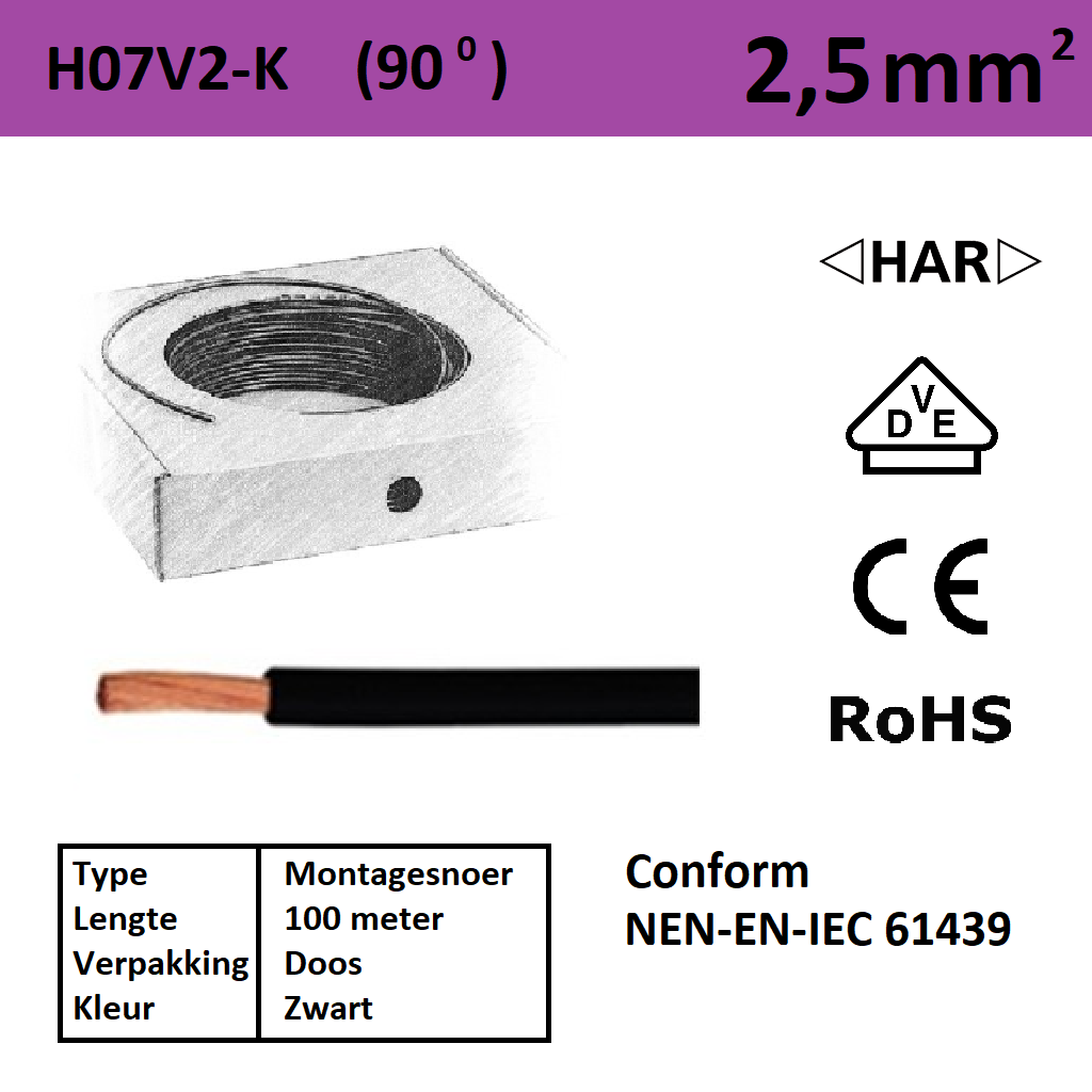 Schotman Elektro - SEP montagesnoer 90 graden H07V2-k zwart 2,5mm2