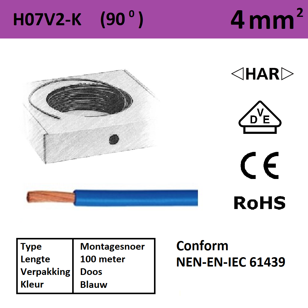 Schotman Elektro - SEP montagesnoer 90 graden H07V2-k blauw 4mm2