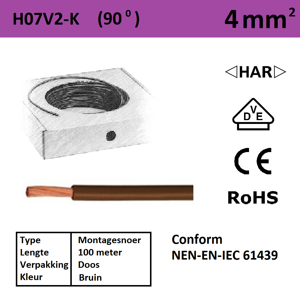 Schotman Elektro - SEP montagesnoer 90 graden H07V2-k bruin 4mm2