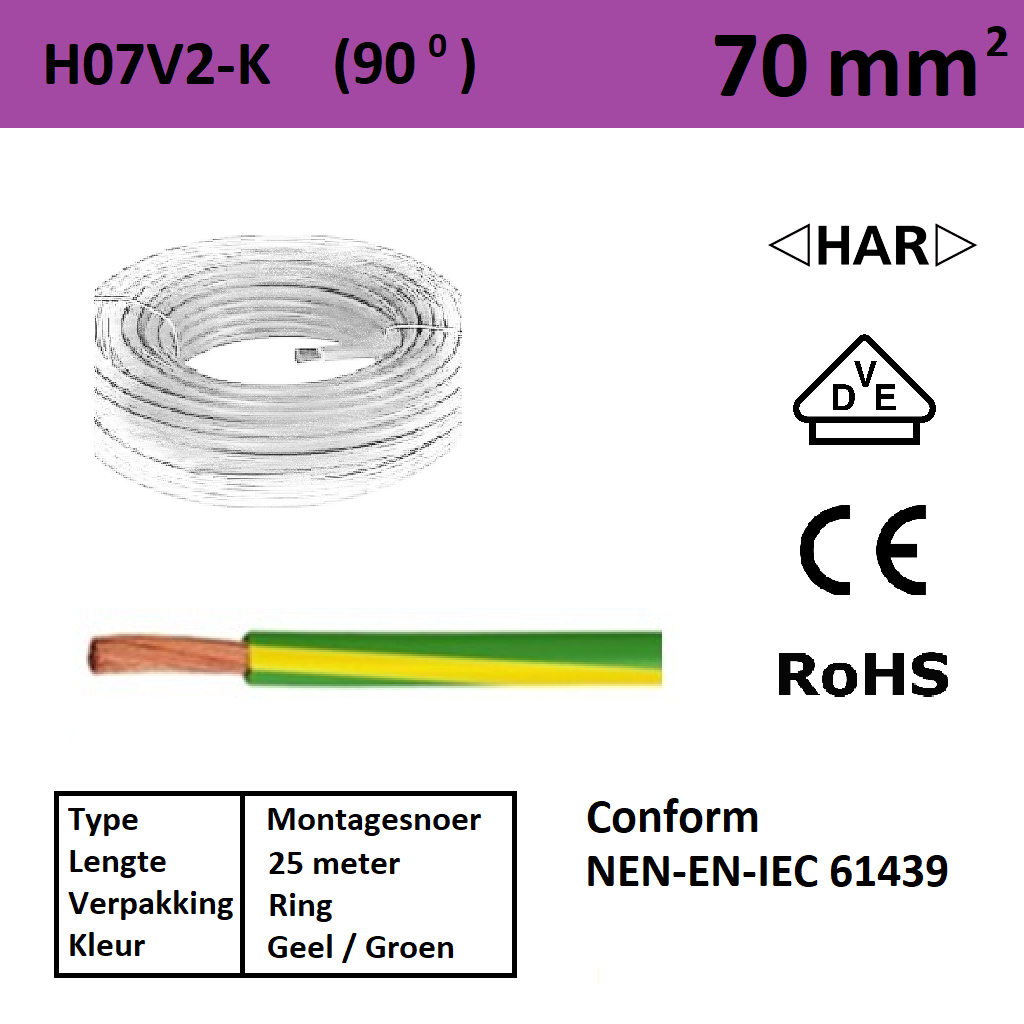 Schotman Elektro - SEP Montagesnoer 90 graden H07V2-k geel groen 70mm2