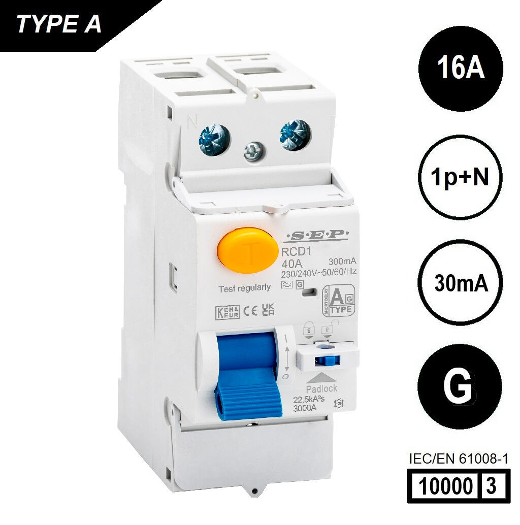 SEP RCD1-2A-01603G, aardlekschakelaar 2p, Type A[G], 10kA, 16A, 30mA