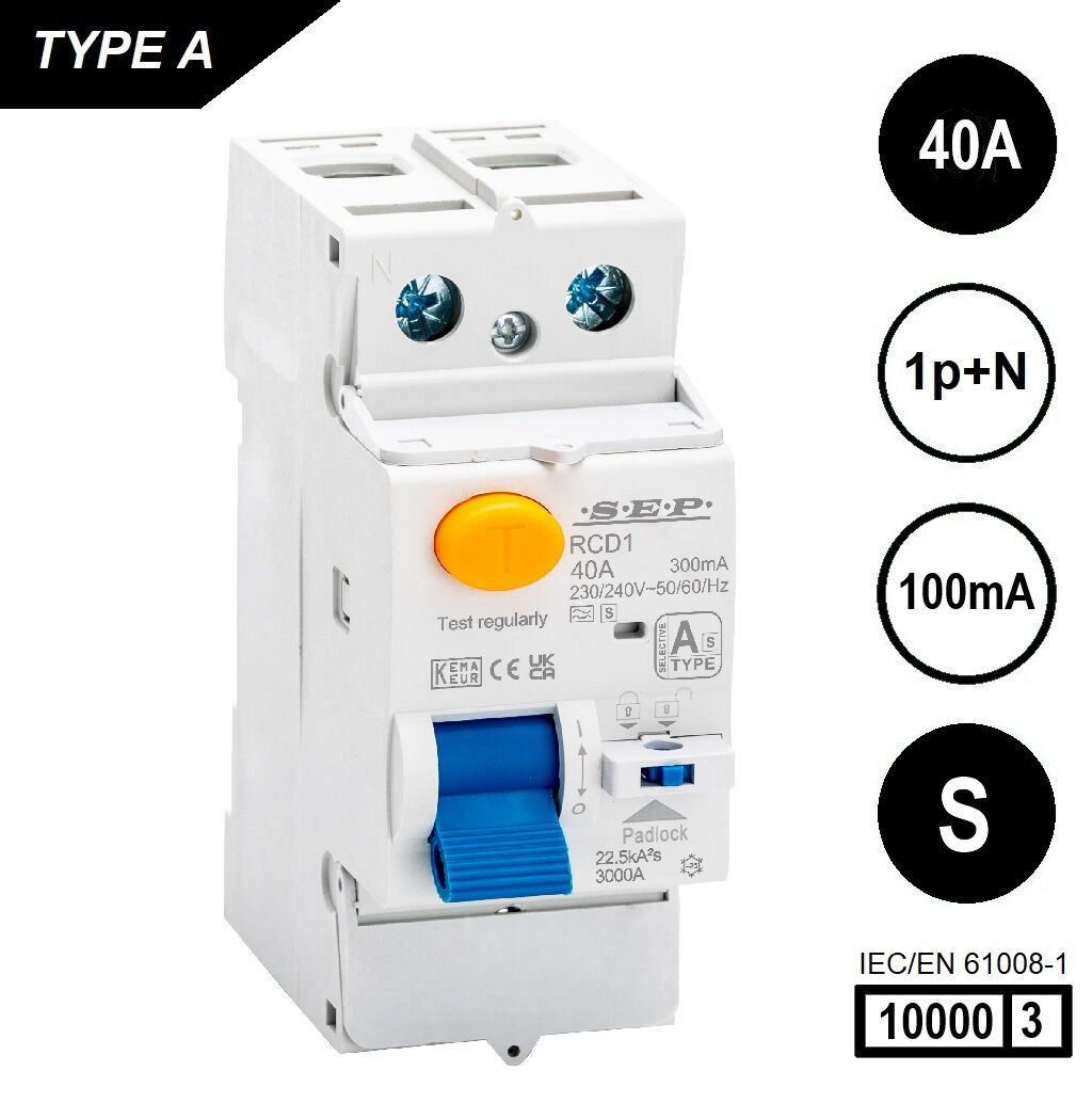 SEP RCD1-2A-04010S, aardlekschakelaar 2p, Type A[S], 10kA, 40A, 100mA