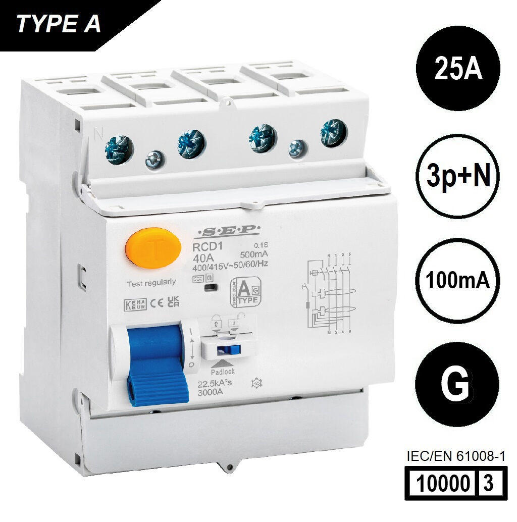 SEP RCD1-4A-02510G, aardlekschakelaar 4p, Type A[G], 10kA, 25A, 100mA