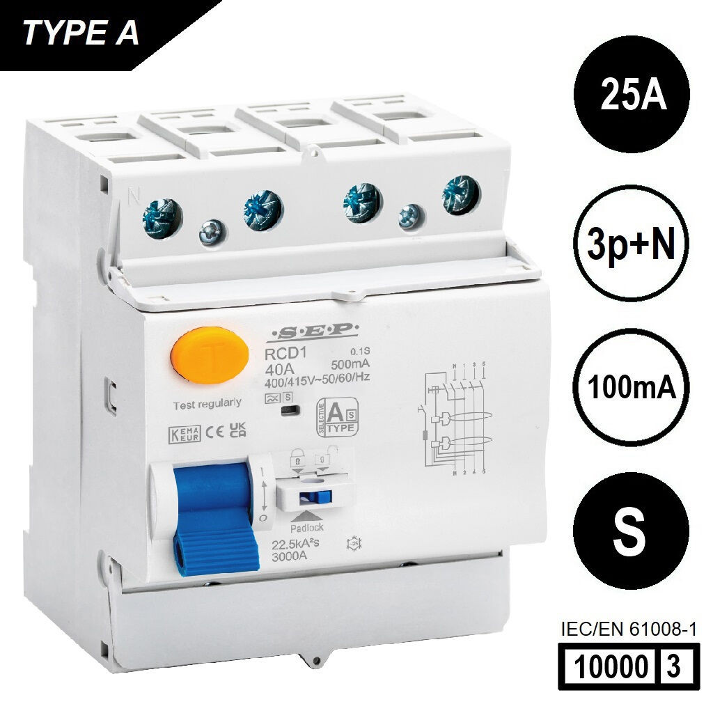 SEP RCD1-4A-02510S, aardlekschakelaar 4p, Type A[S], 10kA, 25A, 100mA