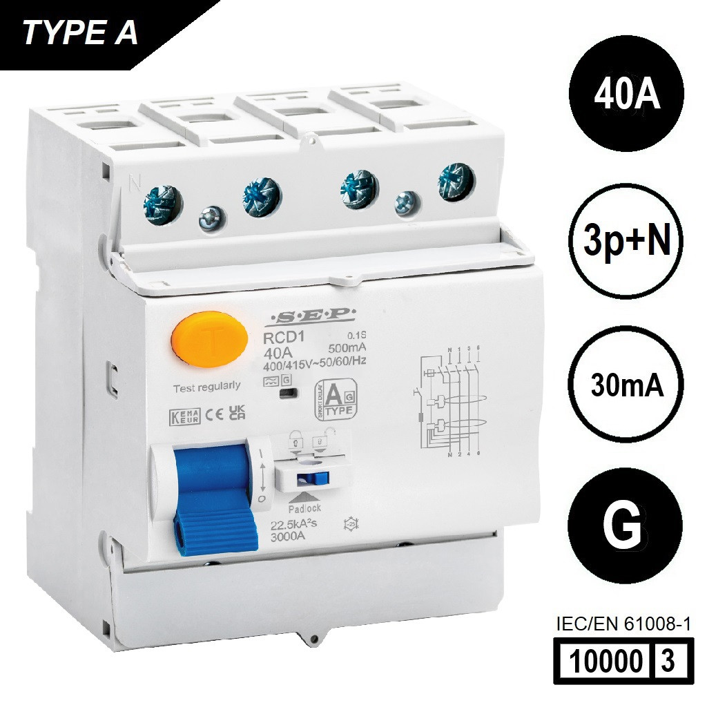 SEP RCD1-4A-04003G, aardlekschakelaar 4p, Type A[G], 10kA, 40A, 30mA