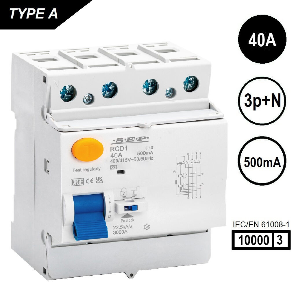 SEP RCD1-4A-04050, aardlekschakelaar 4p, Type A, 10kA, 40A, 500mA