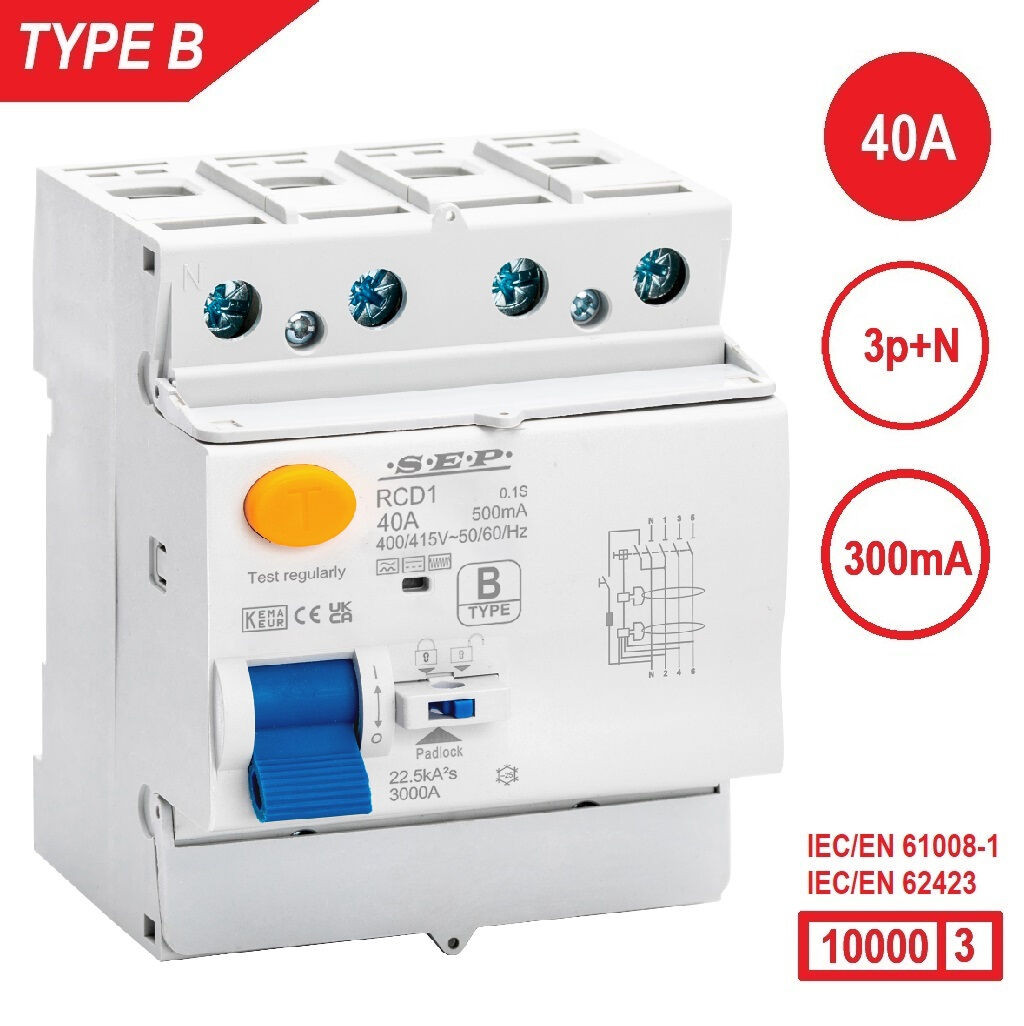 SEP RCD1-4B-04030, aardlekschakelaar 4p, Type B, 10kA, 40A, 300mA