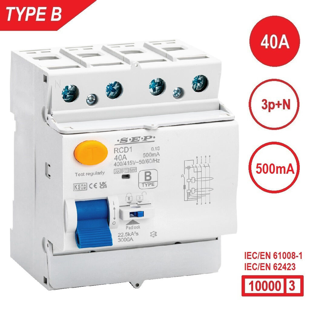 SEP RCD1-4B-04050, aardlekschakelaar 4p, Type B, 10kA, 40A, 500mA