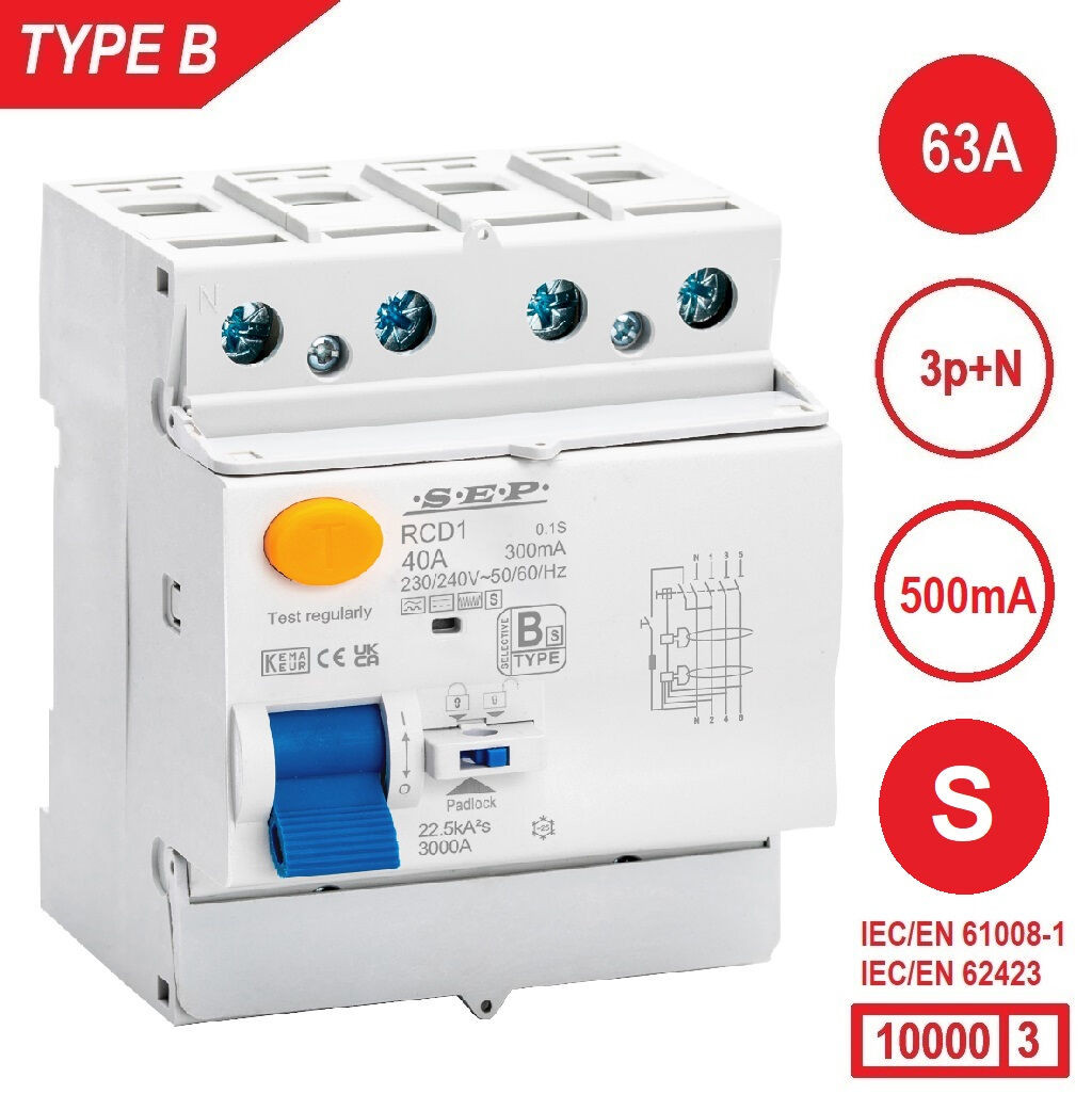 SEP RCD1-4B-06350S, aardlekschakelaar 4p, Type B[S], 10kA, 63A, 500mA