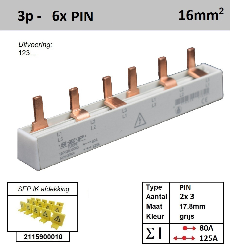 Schotman Elektro - SEP 16P03006G00 aansluitrail 16mm2 80A 125A