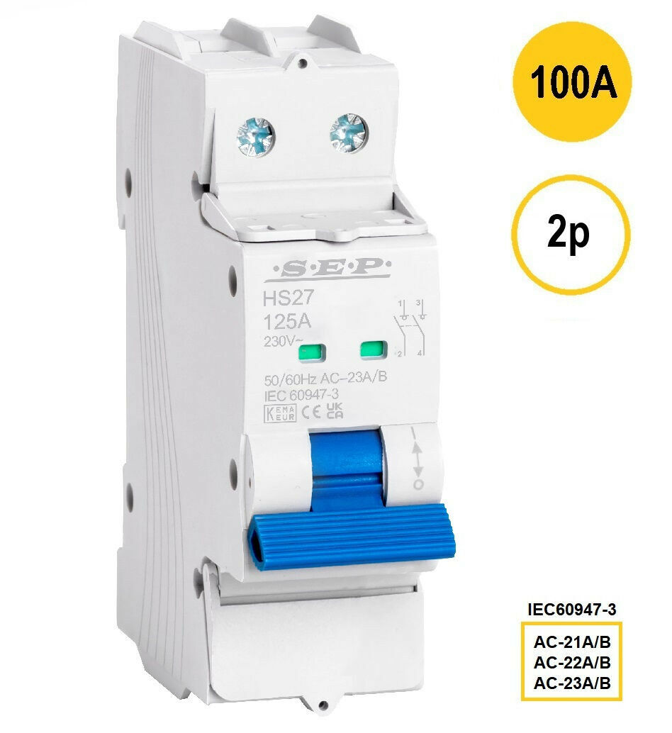 SEP HS27-2100 hoofdschakelaar 2 polig 100A, 27mm, 1,5 modulen