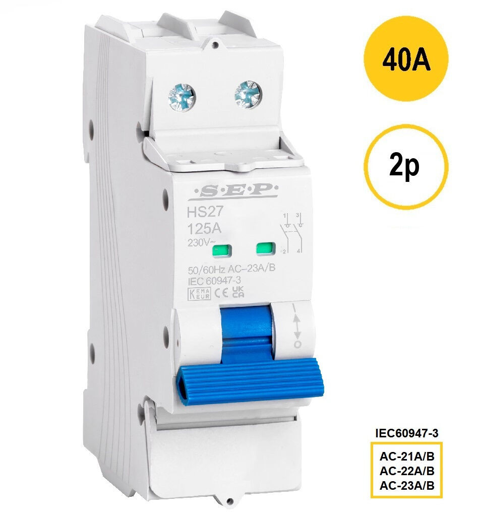 SEP HS27-2040, hoofdschakelaar 2 polig 40A, 27mm, 1,5 modulen
