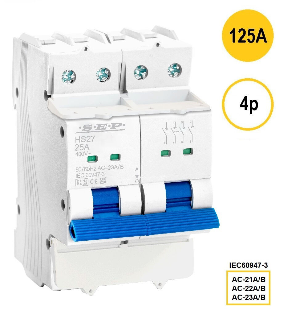 SEP HS27-4125 - hoofdschakelaar 4 polig 125A, 54mm, 3 modulen