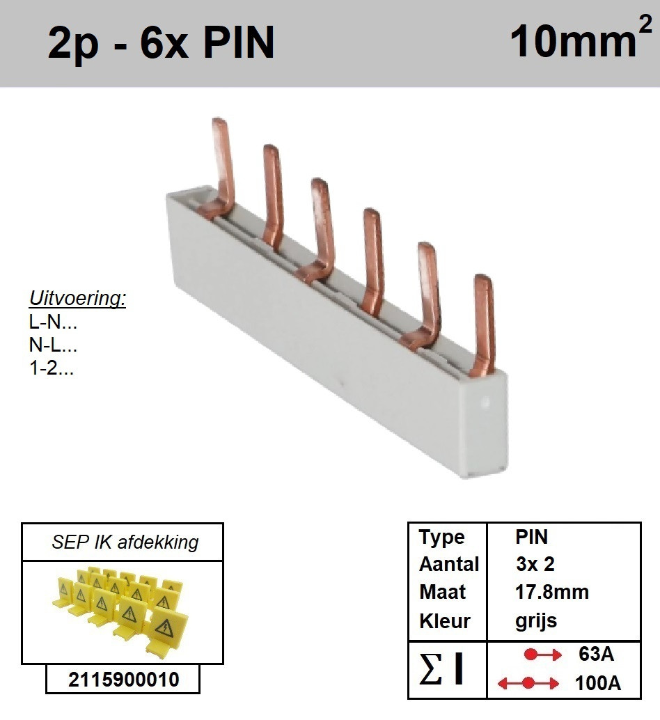 Schotman Elektro - SEP aansluitrail 2 fase PIN 3x2 aansluitingen 17.8mm