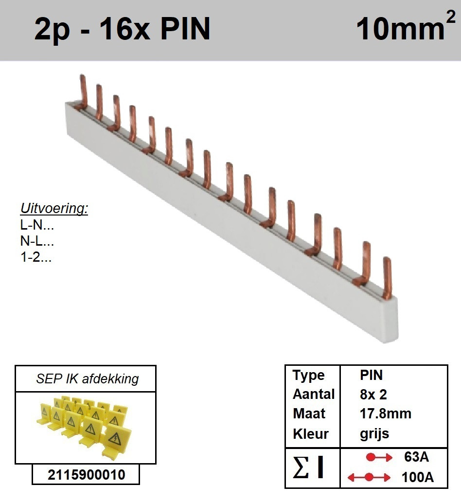 Schotman Elektro - SEP aansluitrail 2 fase PIN 8x2 aansluitingen 17.8mm