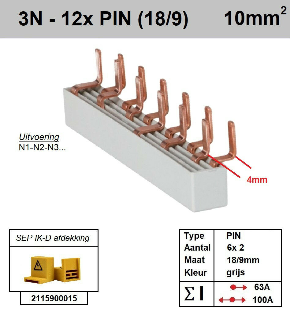 Schotman Elektro - SEP aansluitrail 3+N fase PIN 6x2 18/9mm