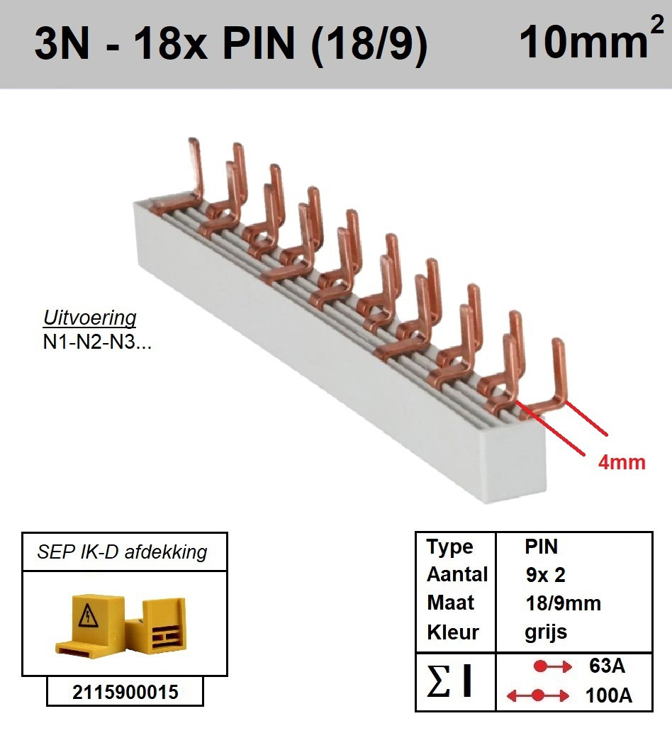 Schotman Elektro - SEP aansluitrail 3+N fase PIN 9x2 18/9mm