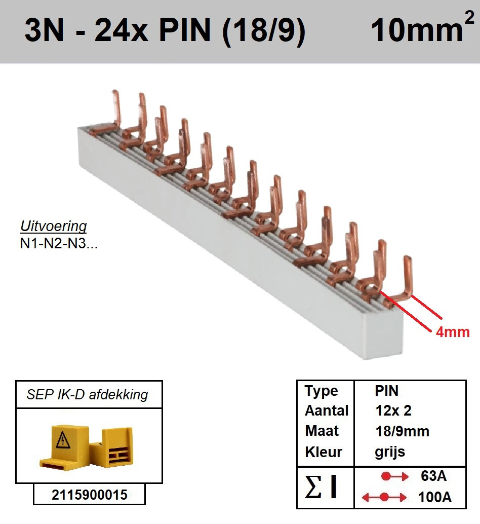Schotman Elektro - SEP aansluitrail 3+N fase PIN 12x2 18/9mm
