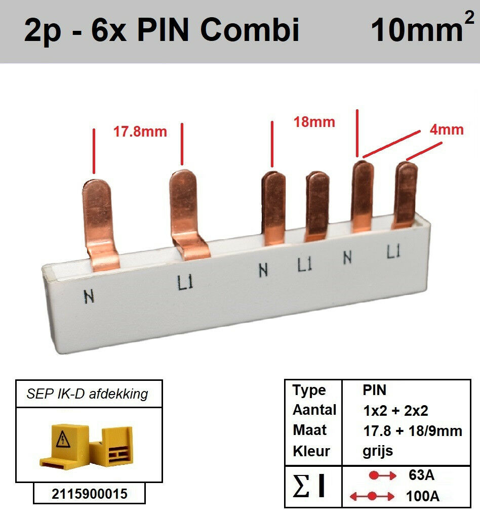 Schotman Elektro - SEP aansluitrail 2fase PIN Combi 1x2 2x2 17.8/9/18mm