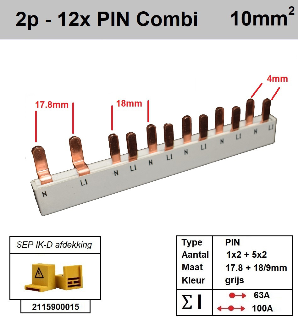 Schotman Elektro - SEP aansluitrail 2fase PIN Combi 1x2 5x2 17.8/9/18mm