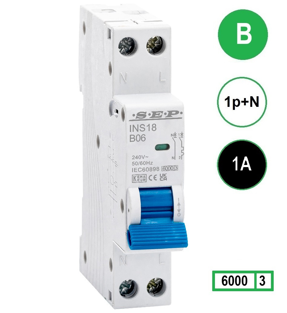 SEP INS18-B01, installatieautomaat 1p+n B1 6kA, 18mm, 1 modulen